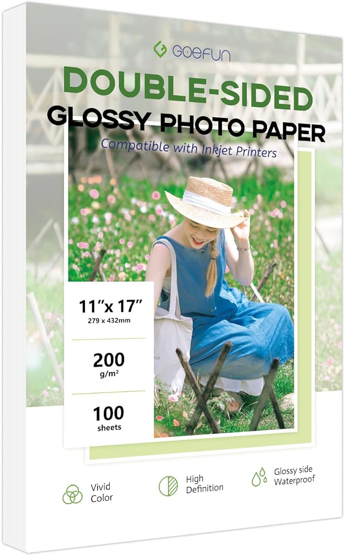 Double Sided 11x17 Glossy Photo Paper, Goefun 200 GSM/54 LB Inkjet Photo Paper by Goefun