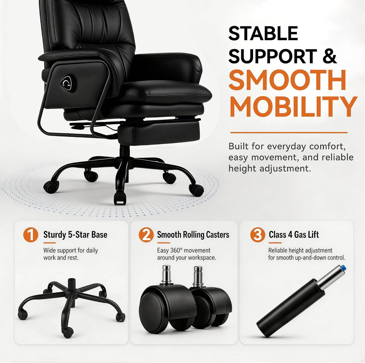 180° Reclining Office Chair with Footrest, PU Leather, Black