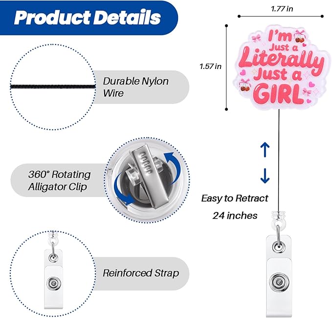 I’m Literally Just a Girl Funny Badge Reel | Cute Bow Retractable ID Card Badge - Image 3
