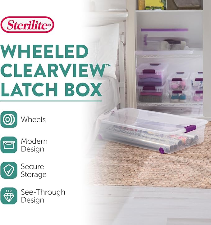 Sterilite 8-Pack 60 Quart ClearView Latch Box, Wheeled Underbed Organizer Bins - Image 2