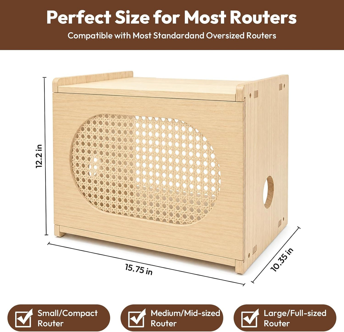 Natural Wood Router Box Hider with Rattan Doors, Tabletop Cable Management Ca...