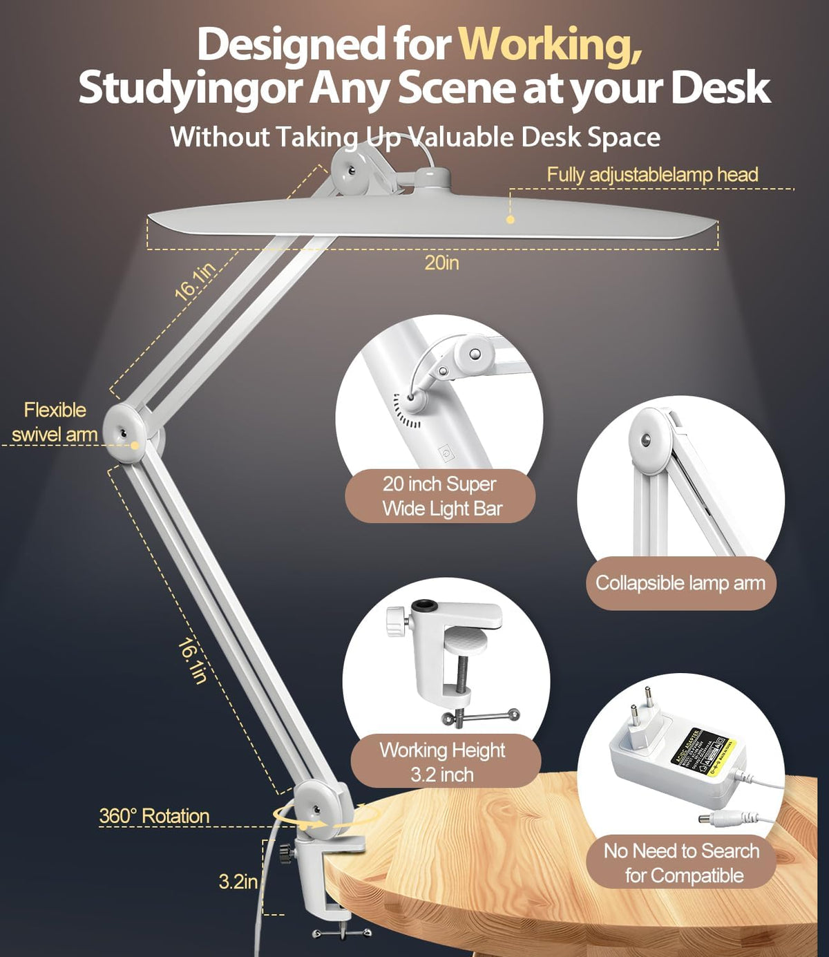 Led Desk Lamp with Clamp, Eye Caring Architect Desk Light for Home Office, Du...