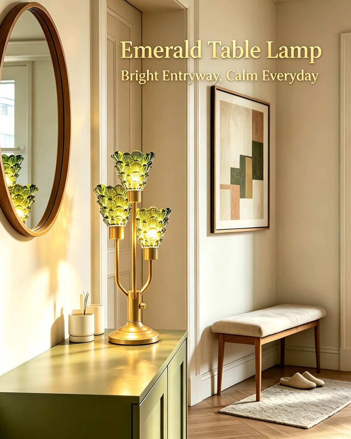 Green Glass Mid Century Modern Table Lamp Dimmable 3 Bulbs Included