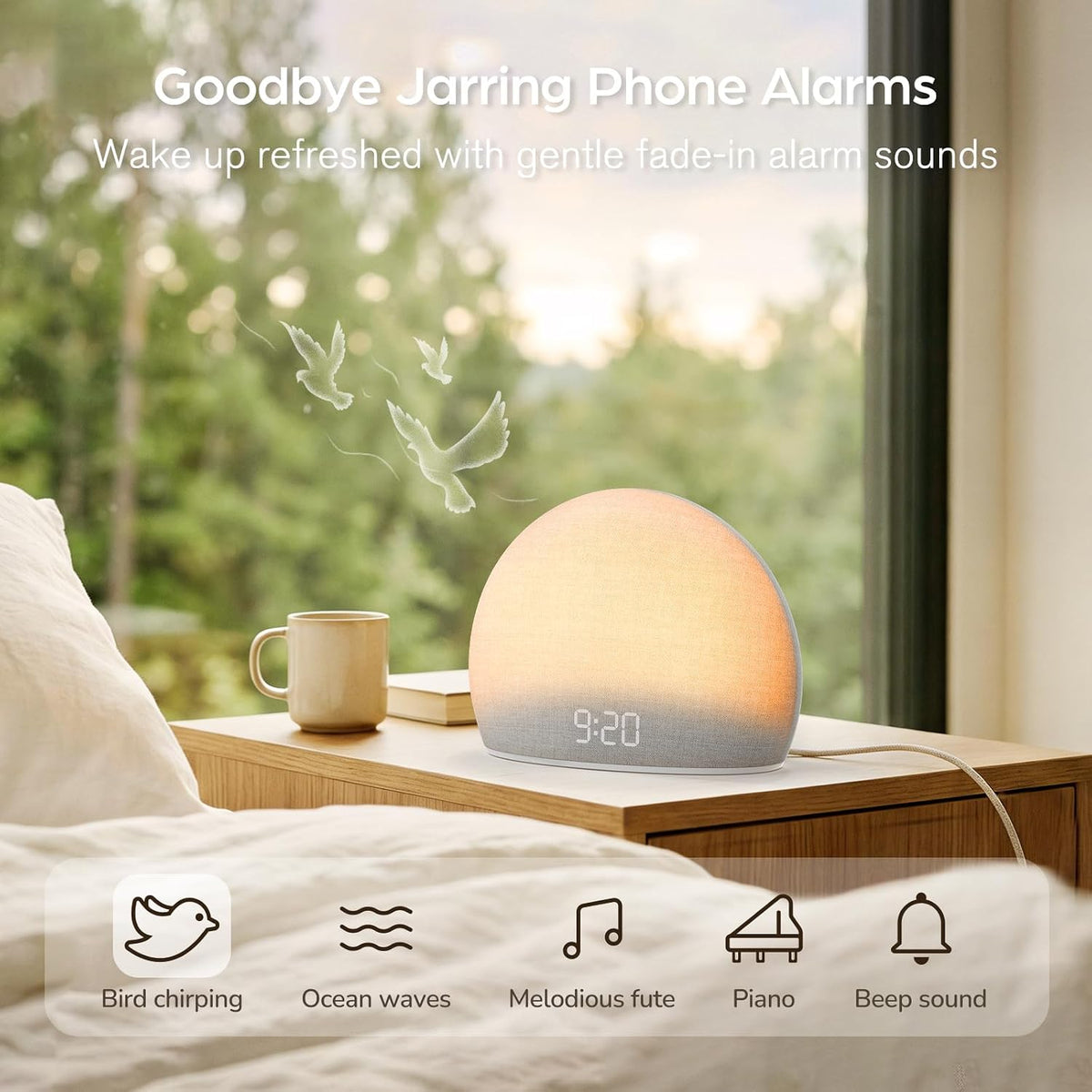 housbay sunrise alarm clock with white noise sound, side view