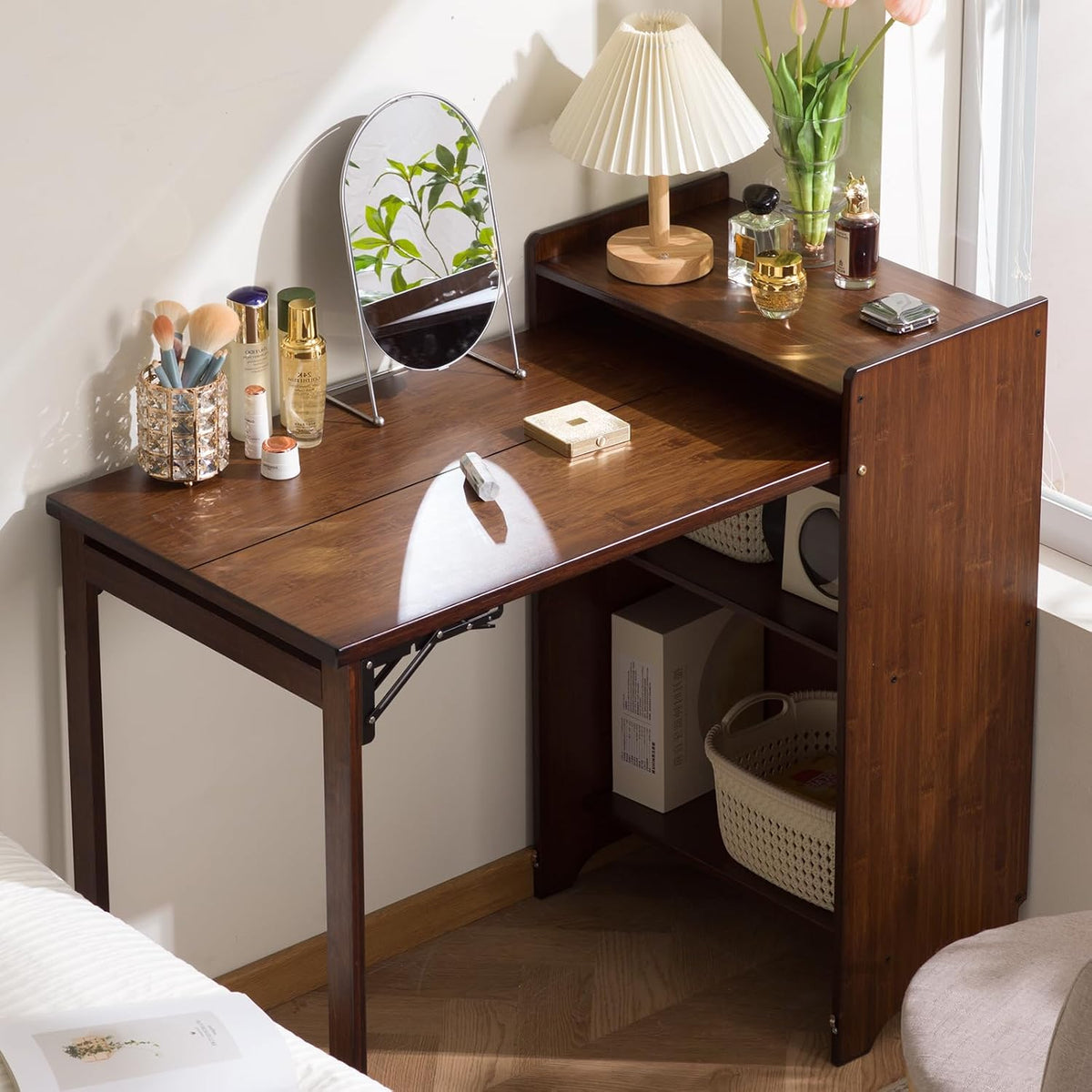 Bamboo Folding Desk with Storage, Foldable Desk for Small Spaces, Brown