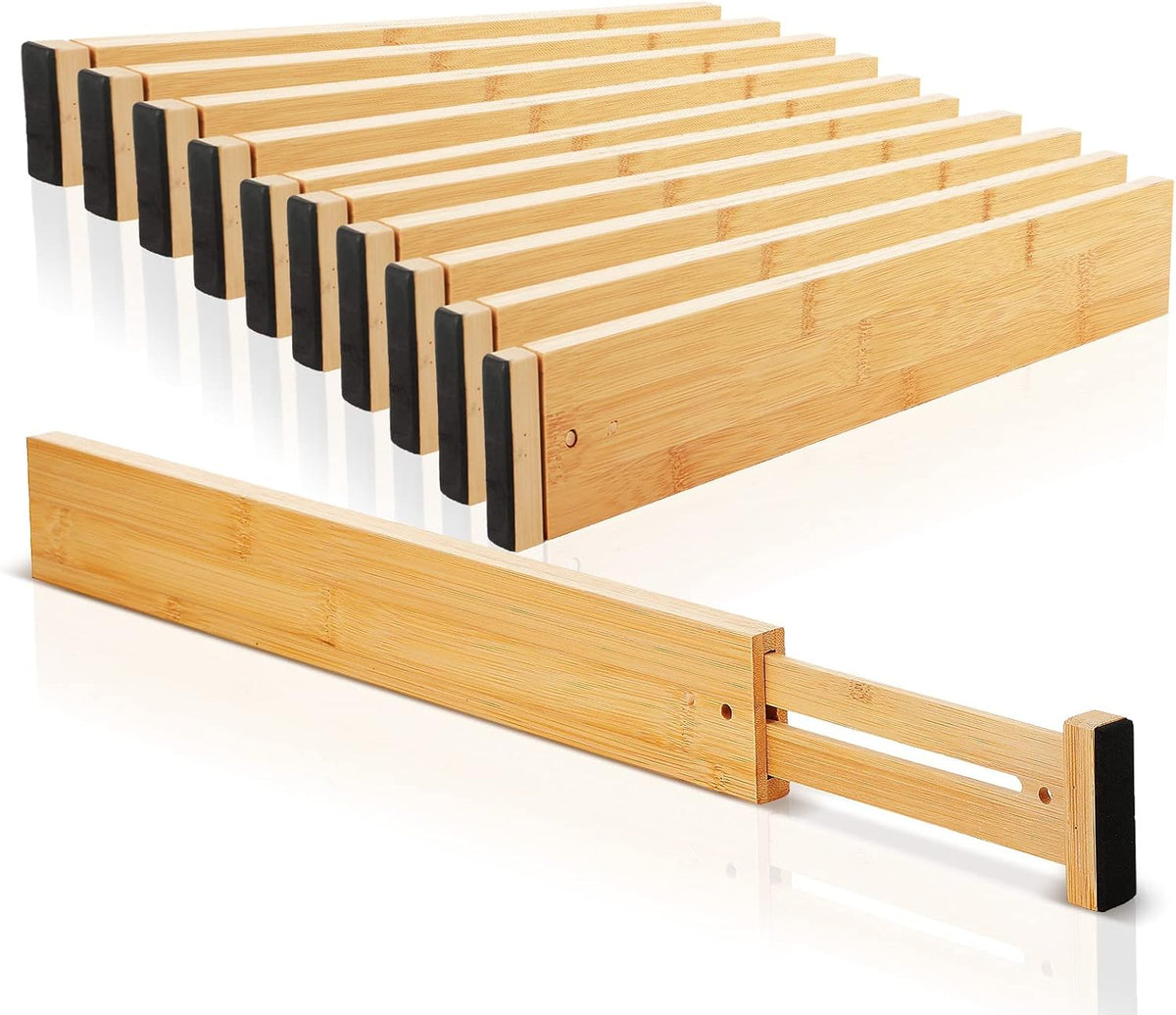 Sawysine 12 Pcs Bamboo Drawer Dividers Adjustable Drawer Organizers Spring Se...