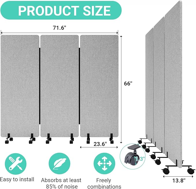 Soundproof Room Divider with Wheels, 66in Office Dividers - Image 6