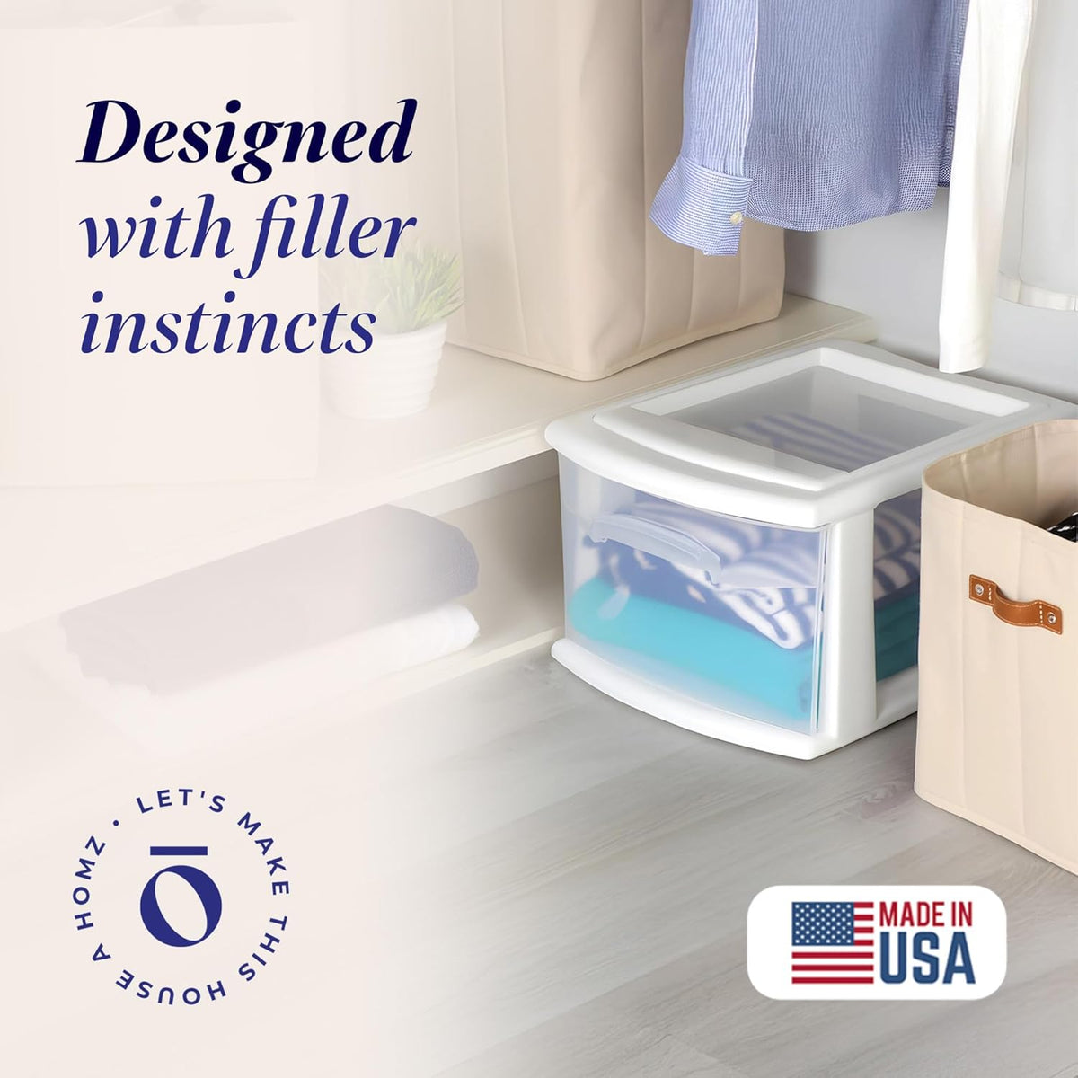 HOMZ 1 Drawer Storage Cart, Medium Plastic Container, White Frame, 2 Pack
