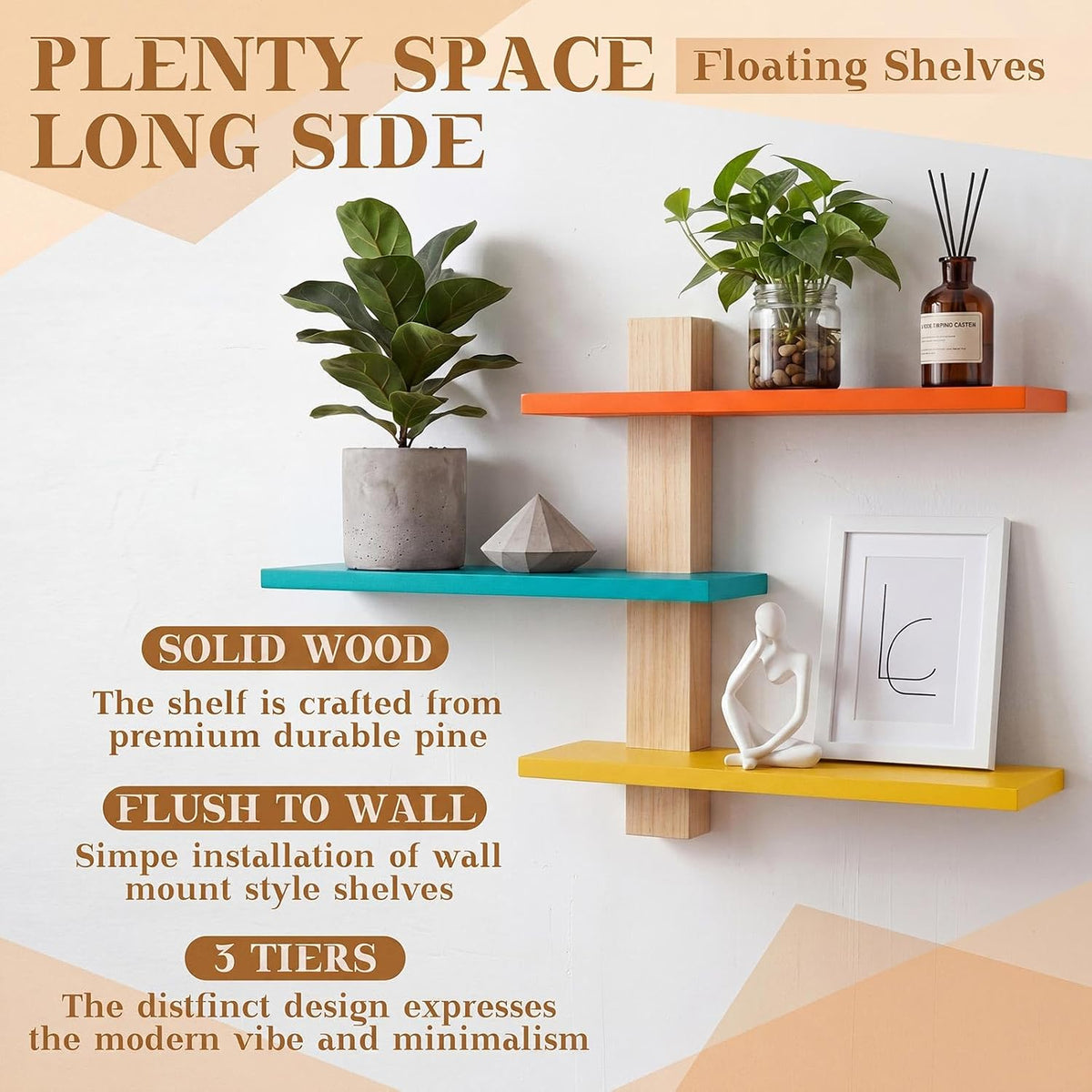 Pinkunn 2 Pack Floating Wall Shelf Mid Century Decor, Mid Century, 3 Tier