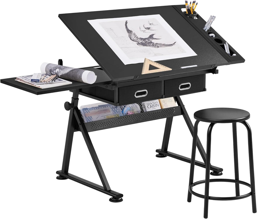 yaheetech adjustable drafting table art desk,storage drawers & shown in use