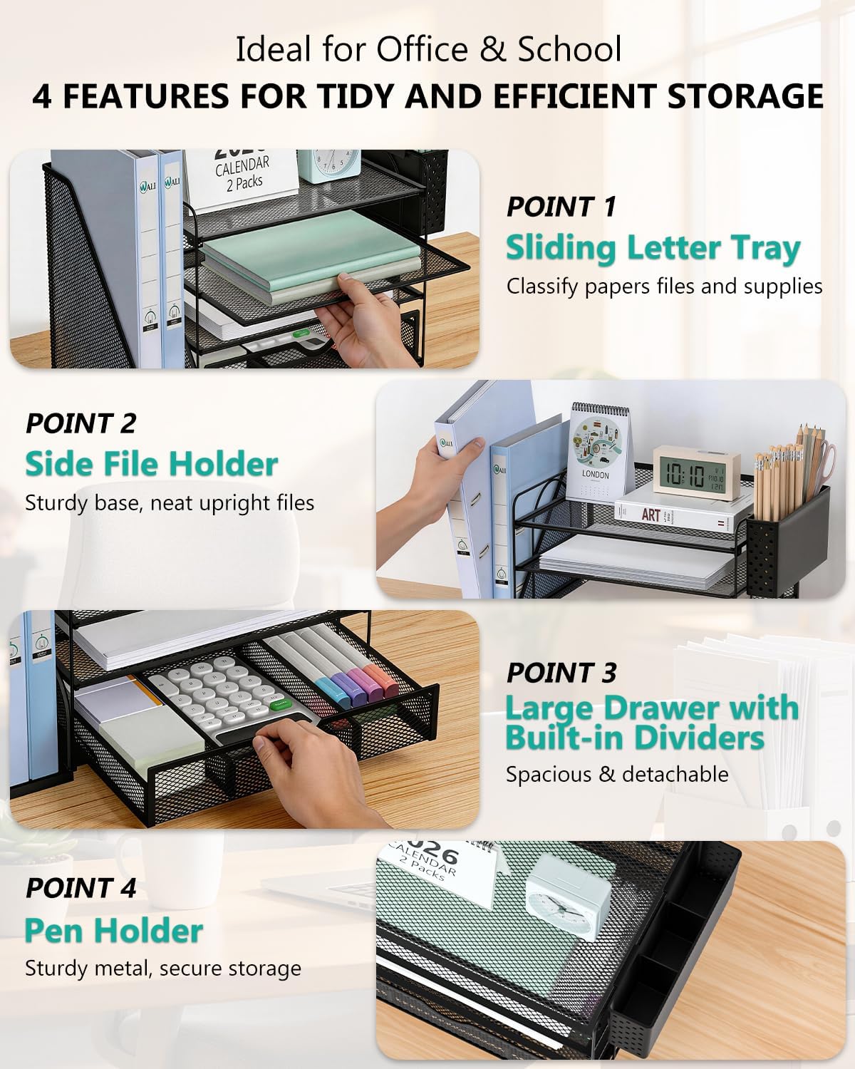 WALI Desk File Organizer, 4 Tier Desktop Paper Letter Tray Organizer with Dra...
