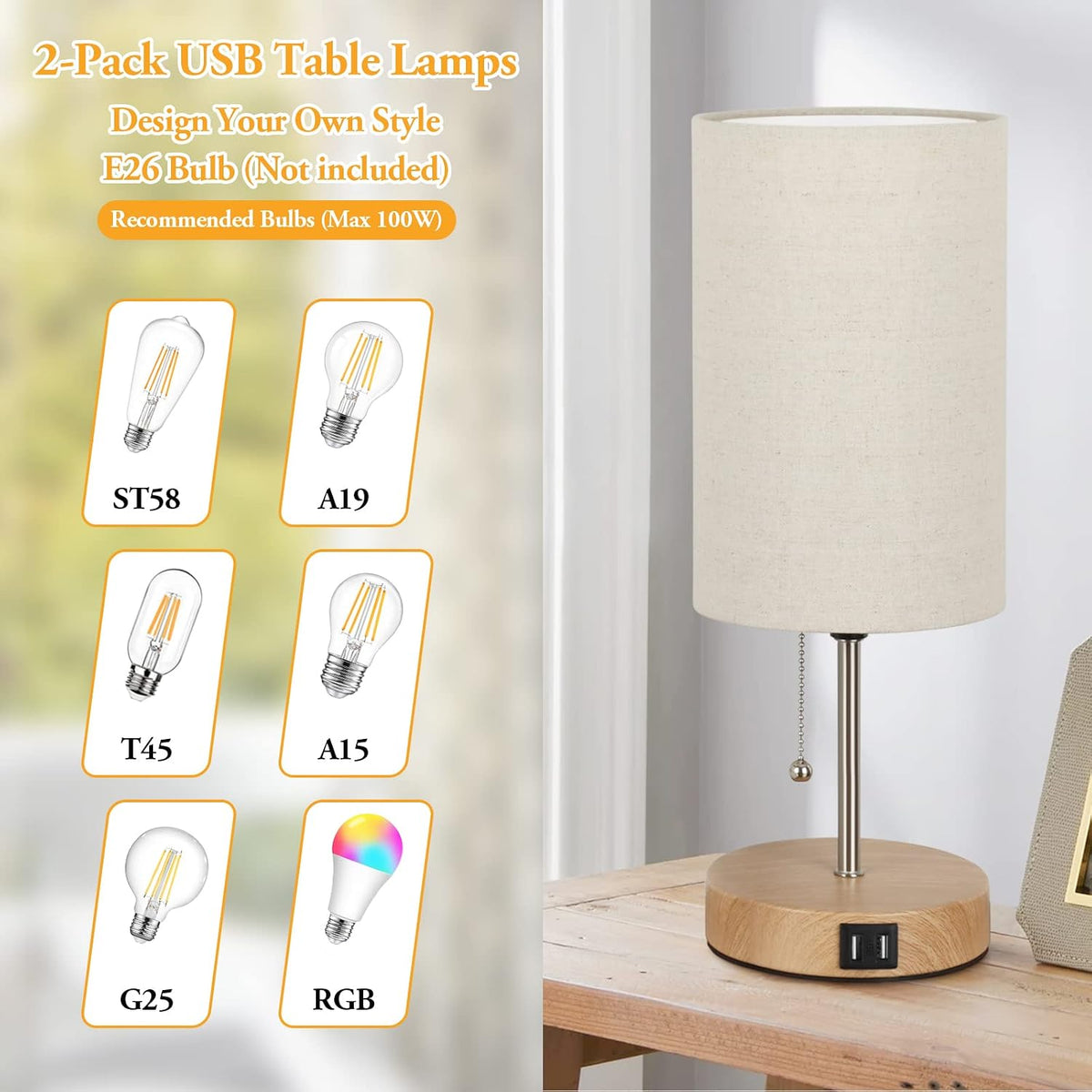 Lakumu Set of 2 Table Lamps, Modern Bedside Desk Lamps with Pull Chain