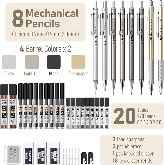 Nicpro 37PCS Art Mechanical Pencil Set, Metal Drafting Pencils 0.5 mm, 0.7 mm - Image 6