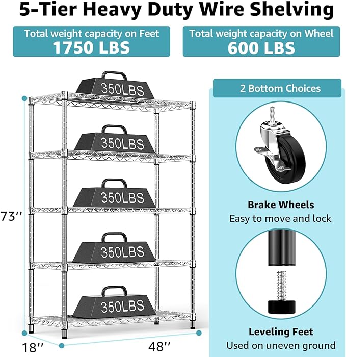 M MZG 5-Shelf Storage Shelves, Wire Shelving Heavy Duty Metal Storage Shelving - Image 3