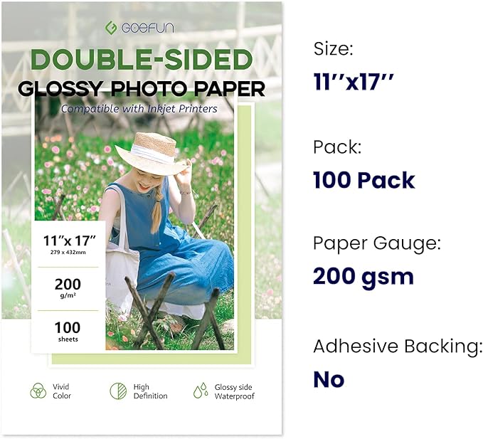 Double Sided 11x17 Glossy Photo Paper, Goefun 200 GSM/54 LB Inkjet Photo Paper - Image 2