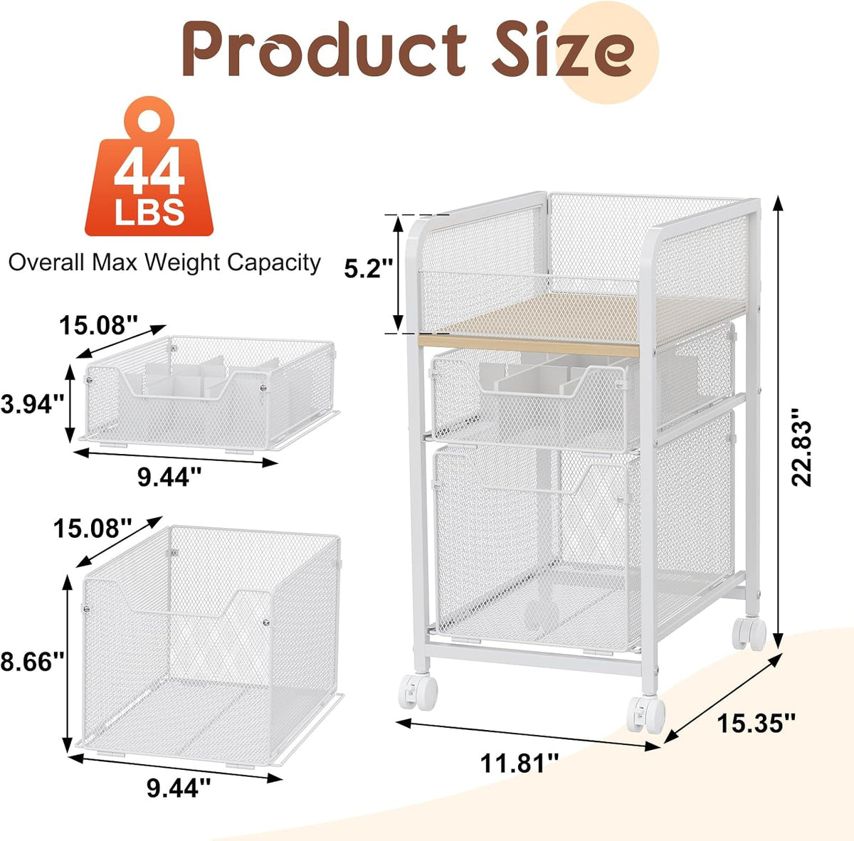 Hongtamoya Rolling Makeup Cart Organizer with 2 Drawers, Under Desk Storage
