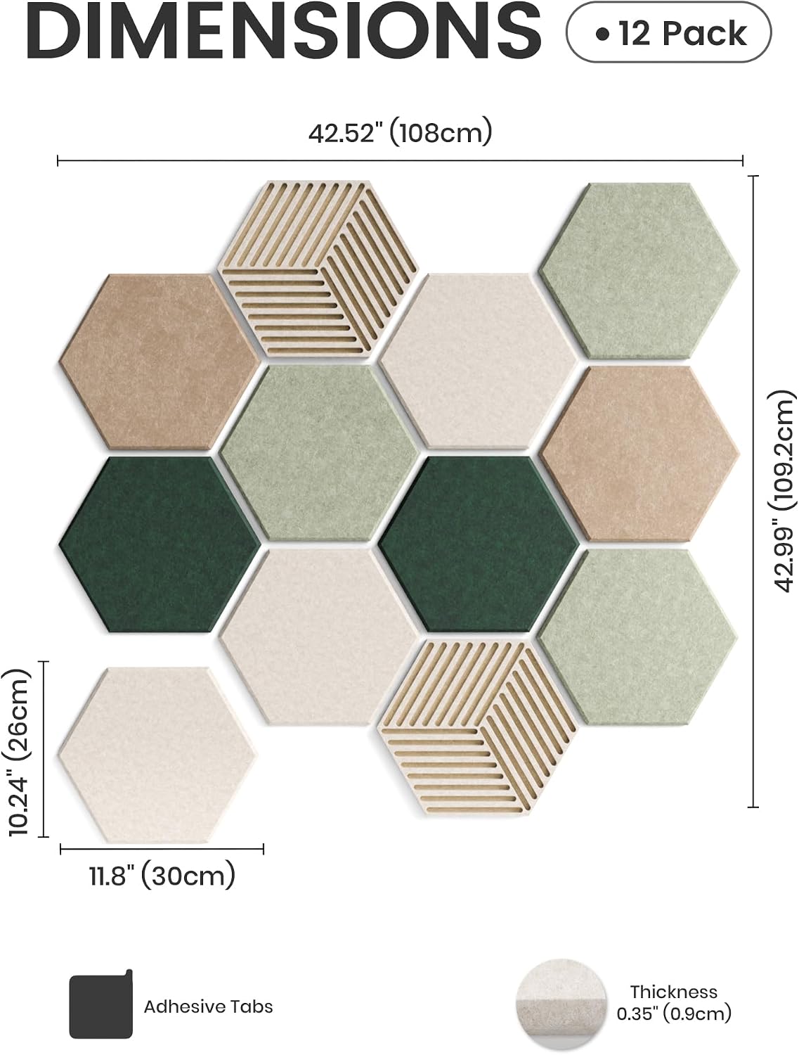 Fluxynara 12-Pack Hexagon Felt Bulletin Board Tiles, Nordic Moss