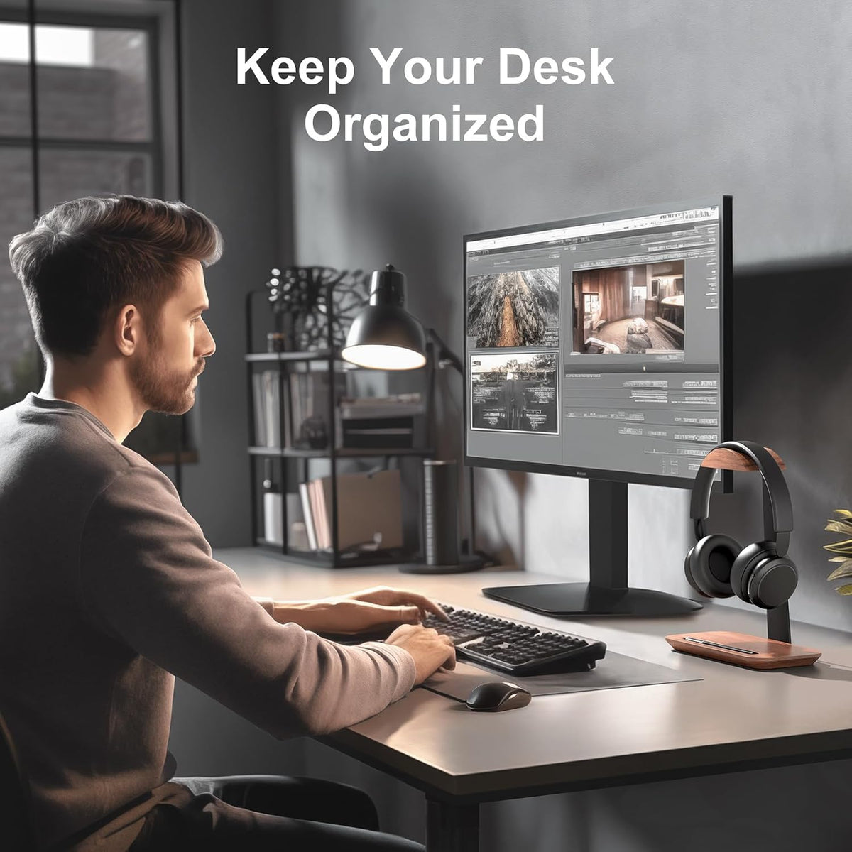 UPERGO Walnut Headphone Stand, Wood Headset Holder with Storage for Desk