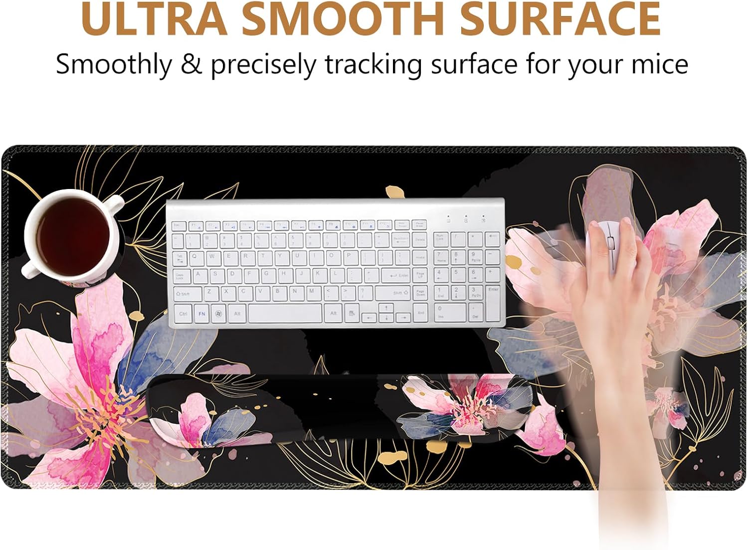 DINKY Desk Mat Black Flower, Large Gaming Mouse Pad with Wrist Rest, 4in1 XXL Mousepad+Keyboard Wrist Rest+Mouse Pad Wrist Support+Coaster Cushion Set for Home Office