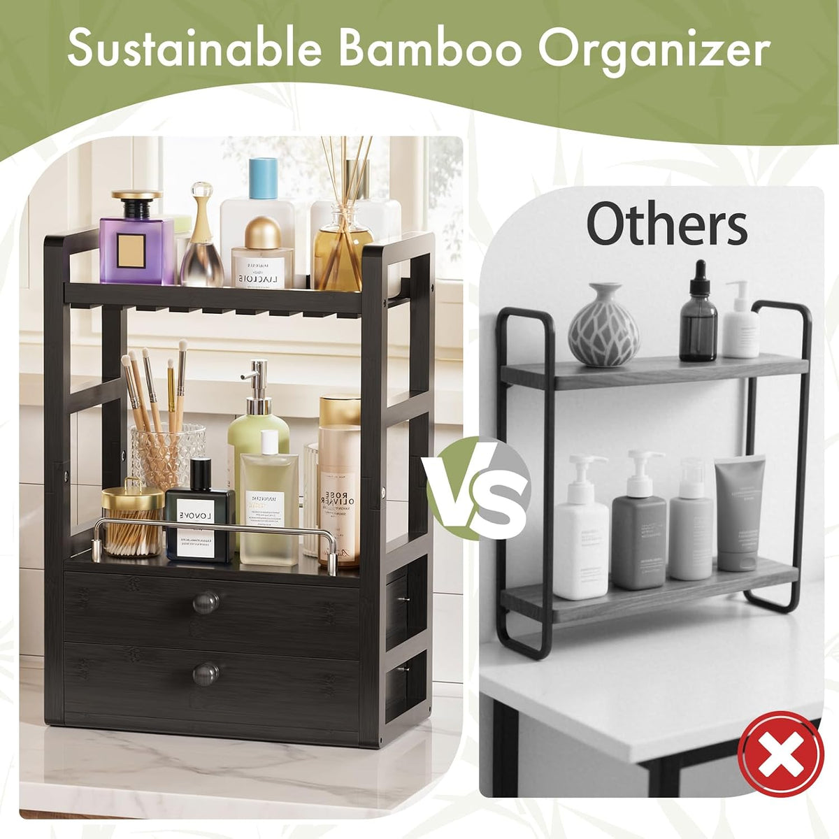 AmazerBath Bamboo Bathroom Counter Organizer, 2-Tier Makeup Organizer with 2 ...