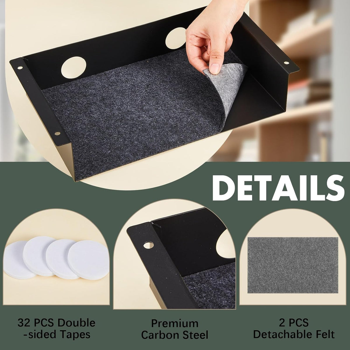 Yaocom 2 Pack Under Desk Hanging Shelf, Carbon Steel Storage Tray with Mute F...