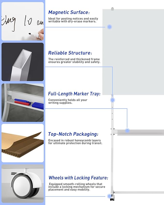 Mobile Glass Whiteboard, 48 x 36 inch Glass Board/w Height Adjustable, Large - Image 5
