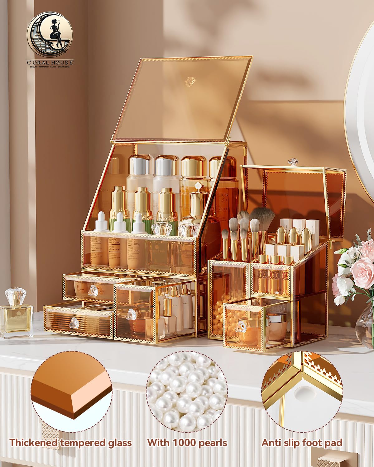 CoralHouse Glass Makeup Organizer with Brush Holder for Vanity