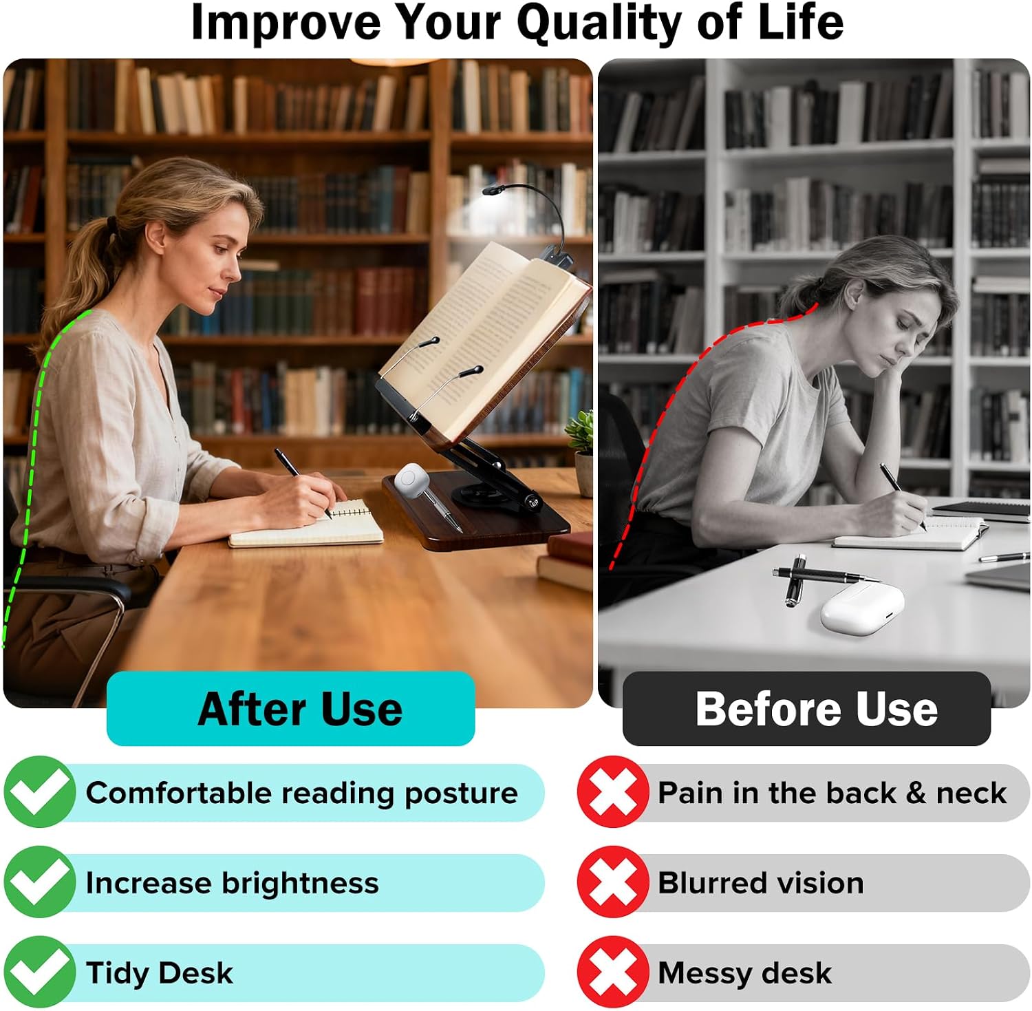Book Stand with Light & Storage, Book Holders for Reading Hands Free | bible stand holder, wooden cookbook stand, adjustable Height, 360 °Angle, for Recipe Magazine Laptop Tablet Bible