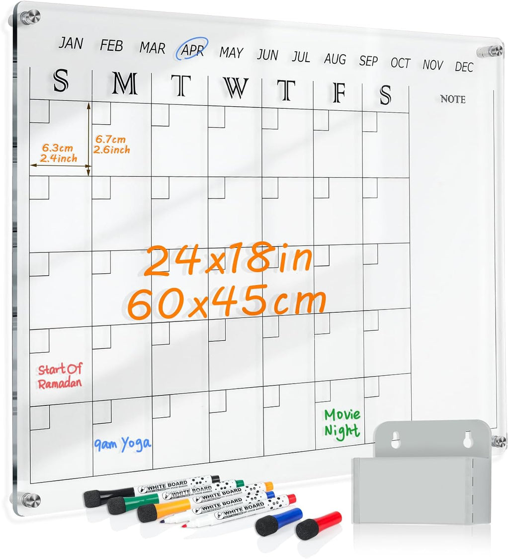 MAKELLO Acrylic Calendar for Wall 24" x 18", 4 Pens, Pen Holder, Wall-Mount