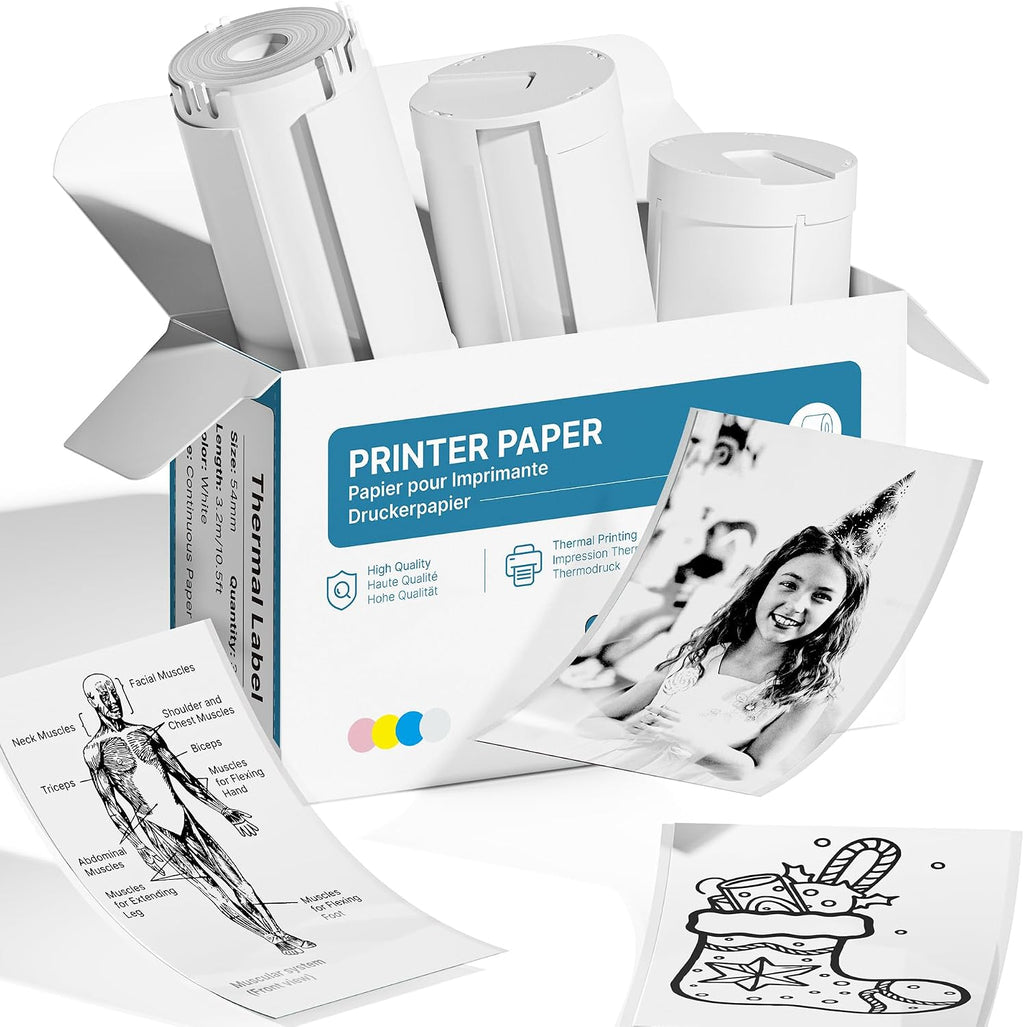 54mmx3.2m Sticker Paper, 3 Rolls Sticker Paper for Printer, White | High Quality, No BPA or BPS, Self-Adhesive, Compatible with PM290 Sticker Printer Machine, Thermal Paper for Journal Study