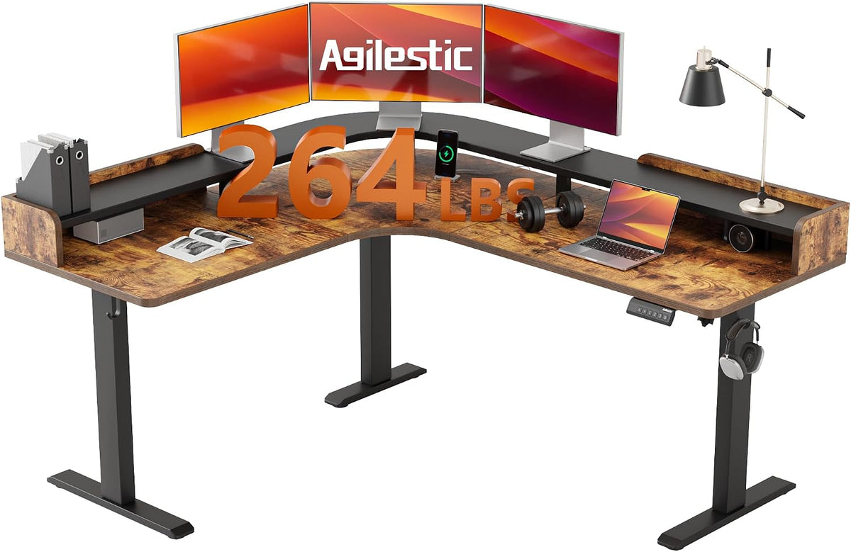 Agilestic L Shaped Standing Desk with Monitor Shelf, 63 Inch, Rustic Brown