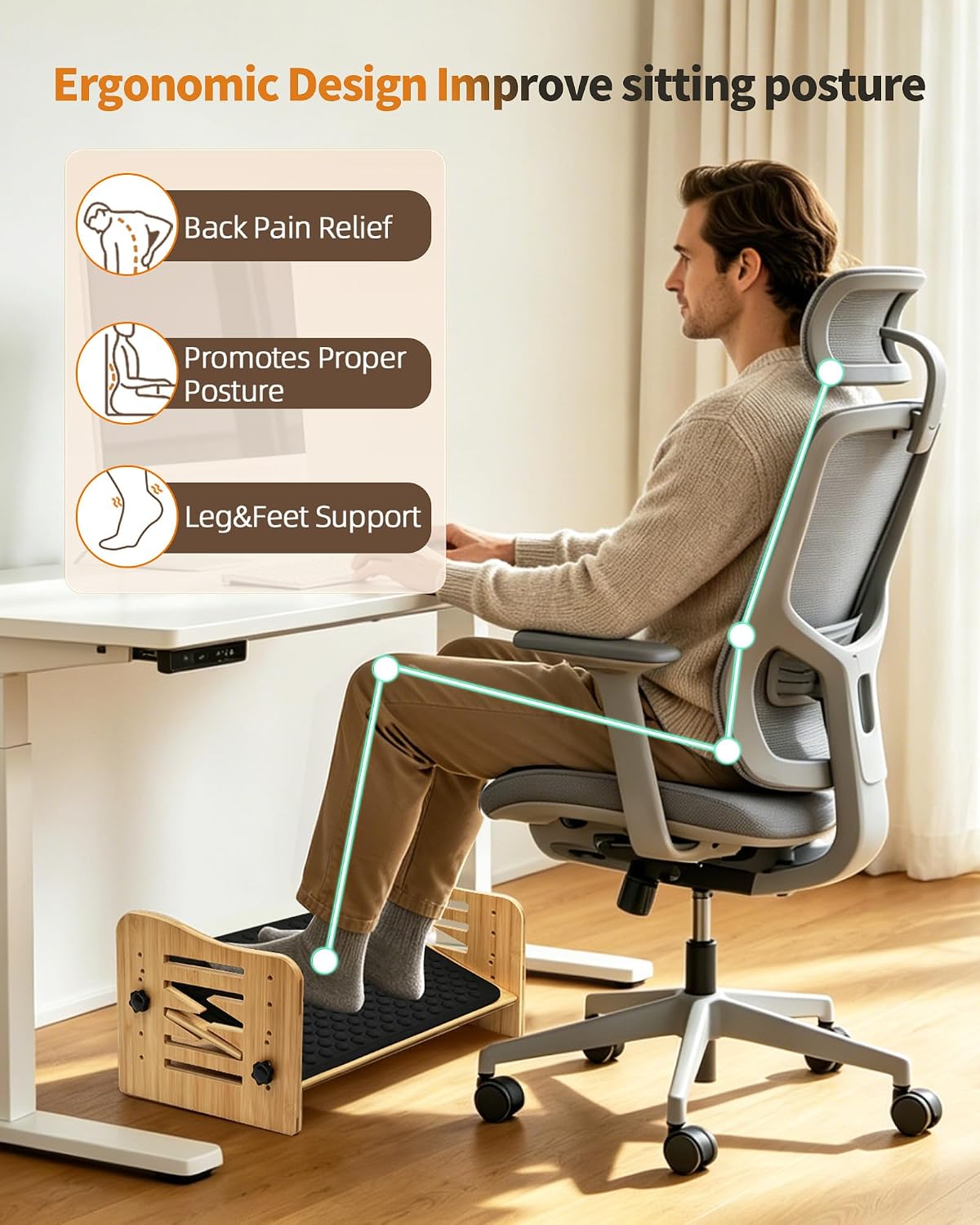 MYPLACE Ergonomic Foot Rest for Under Desk at Work - Bamboo Adjustable Under ...