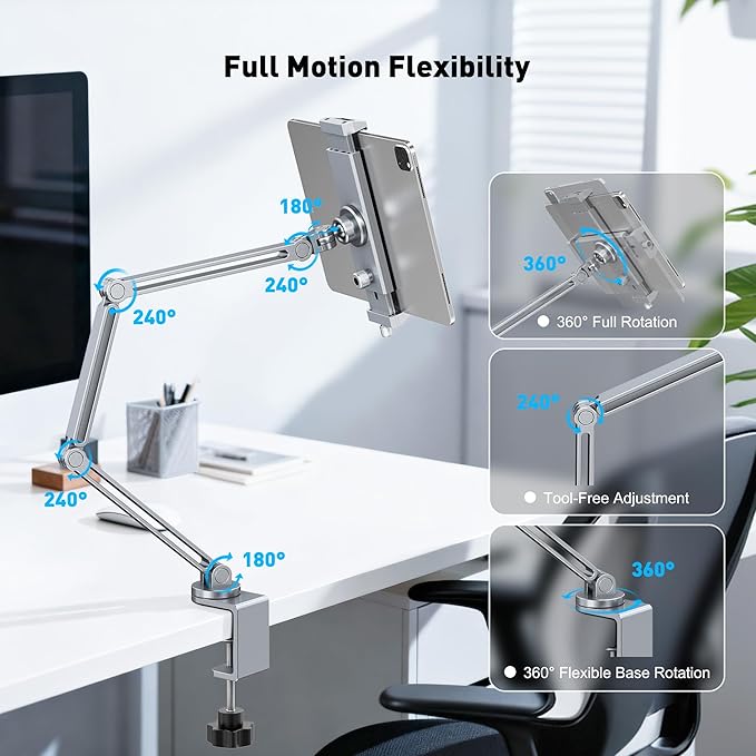 AboveTEK 2-in-1 iPad Stand for Desk, Aluminum iPad Holder Arm - Image 5