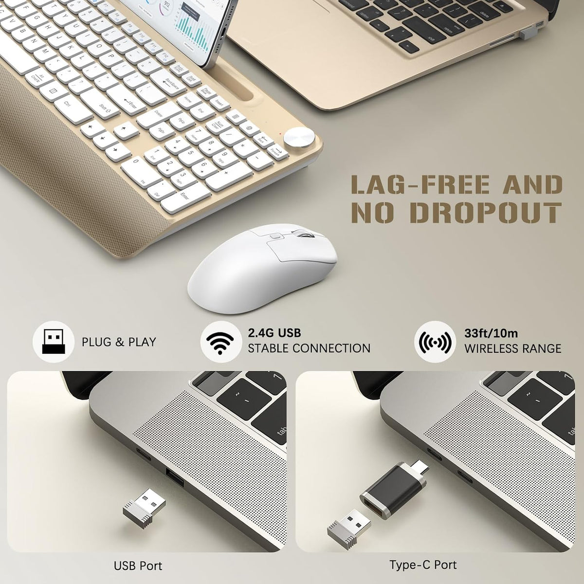 GAMCATZ Ergonomic Wireless Keyboard and Mouse with Wrist Rest，Phone Holder - ...