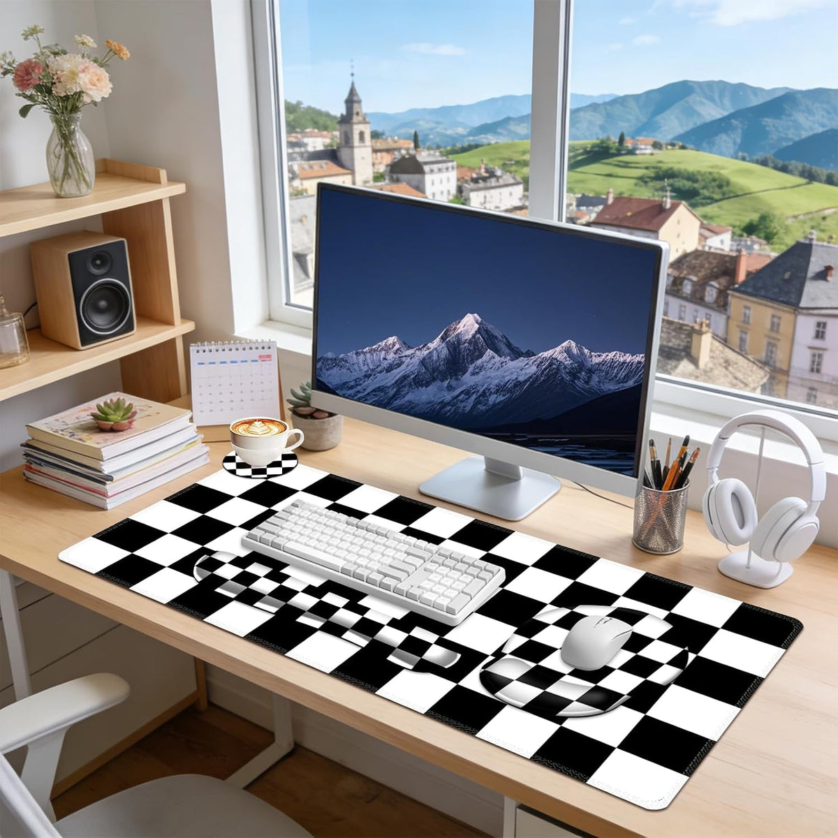 AIMSA Checkered Keyboard Mouse Pad Wrist Rest Set, Black XXL Large Mouse Pad ...