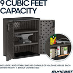 suncast 30" heavy-duty resin garage cabinet, lockable, dark, package contents