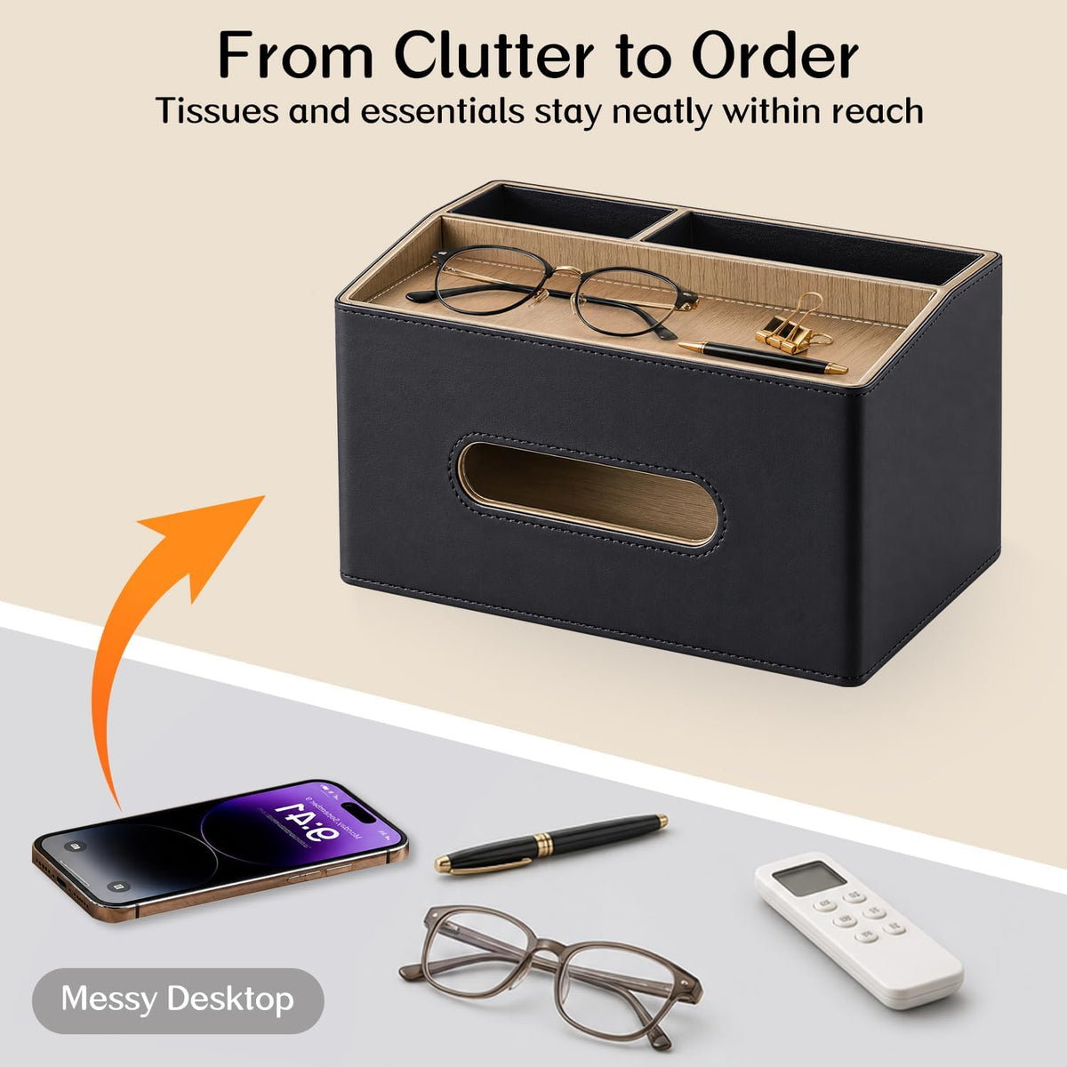 PU Leather Tissue Box Holder Rectangle,Facial Tissue Cover with Tray on Top