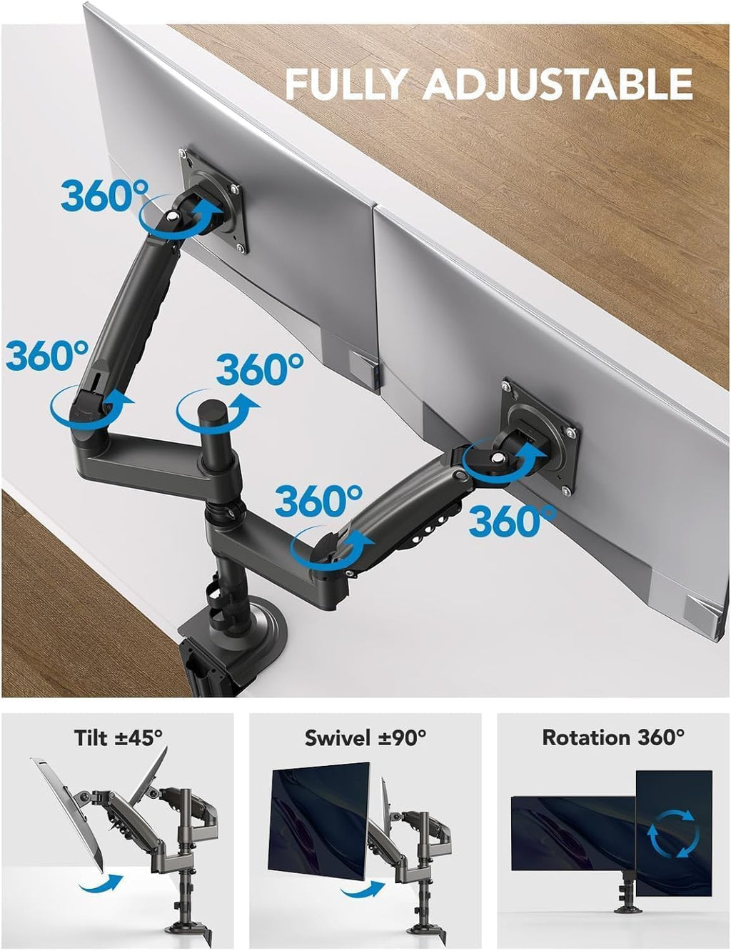 huanuo 17-32 inch dual monitor stand, stacked monitor, side view