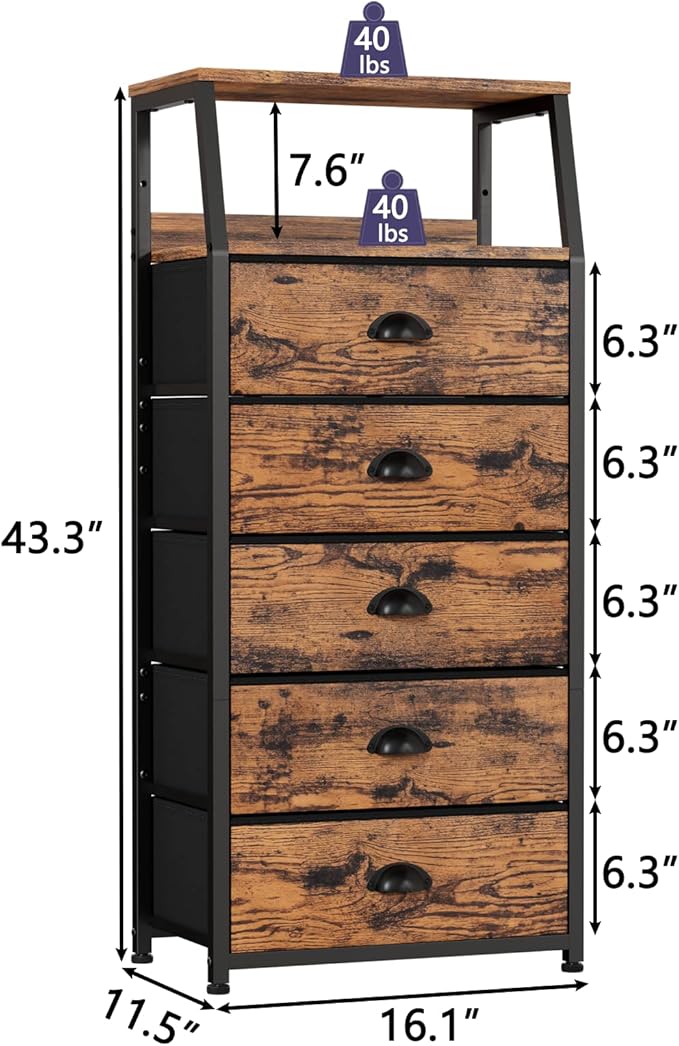 Furnulem Tall 5 Drawers Dresser, Vertical Storage Tower Fabric Dresser - Image 3
