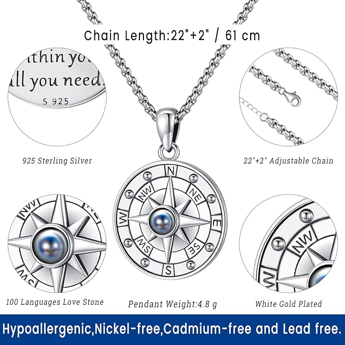 Compass Necklace for Women Men 925 Sterling Silver Pendant Urn Necklaces for - Image 3