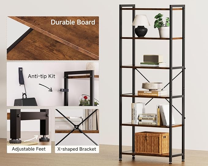 Casaottima Book Shelf Set of 2, 6 Tier Tall Bookshelf, Modern Wood Bookcase - Image 4