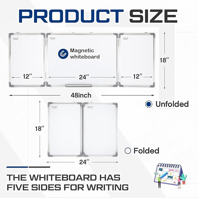 48” x 18” Foldable Whiteboard Dry Erase Board Large Tri Folding Whiteboard - Image 2