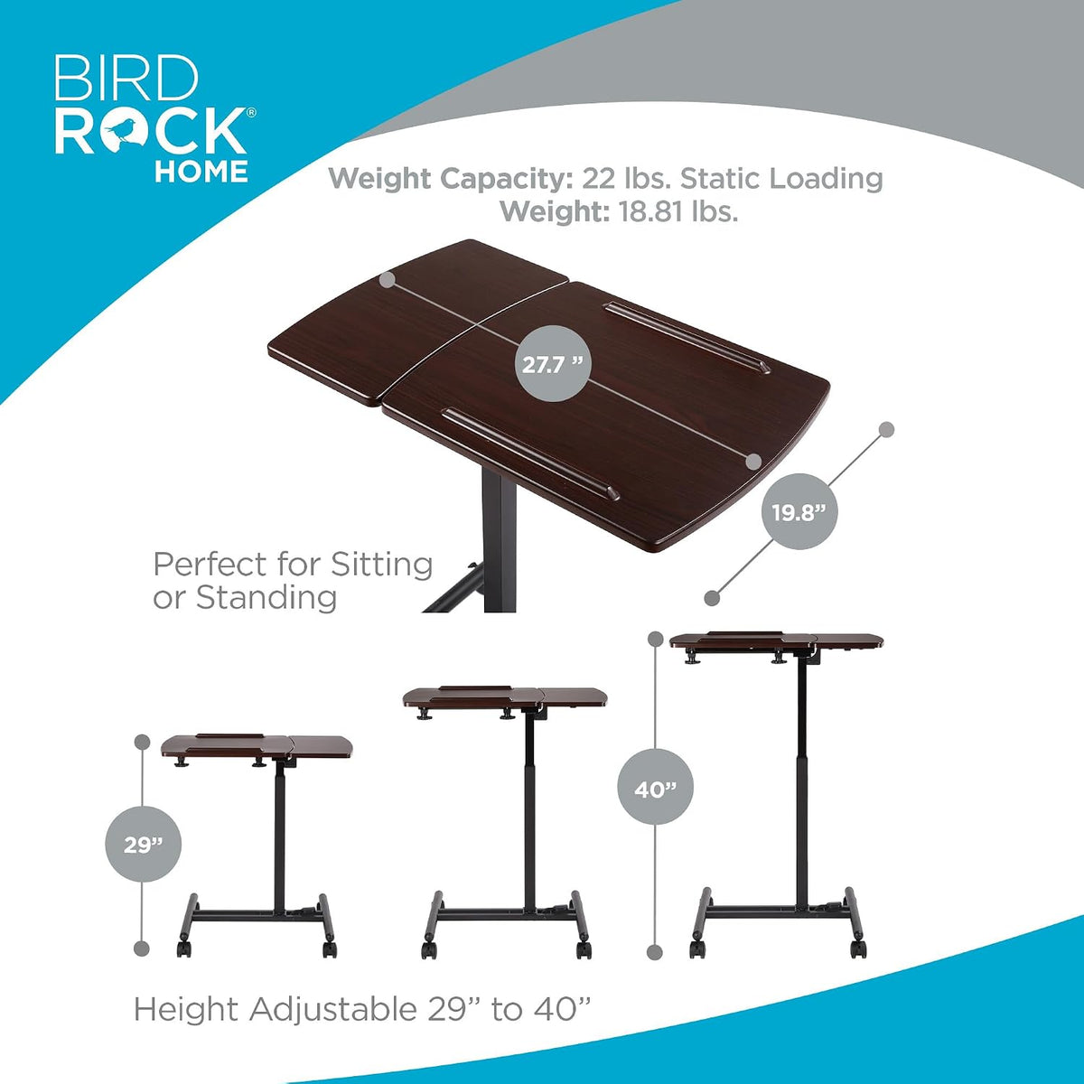 BIRDROCK HOME Adjustable Mobile Laptop Stand - Brown - Portable Rolling Stand...
