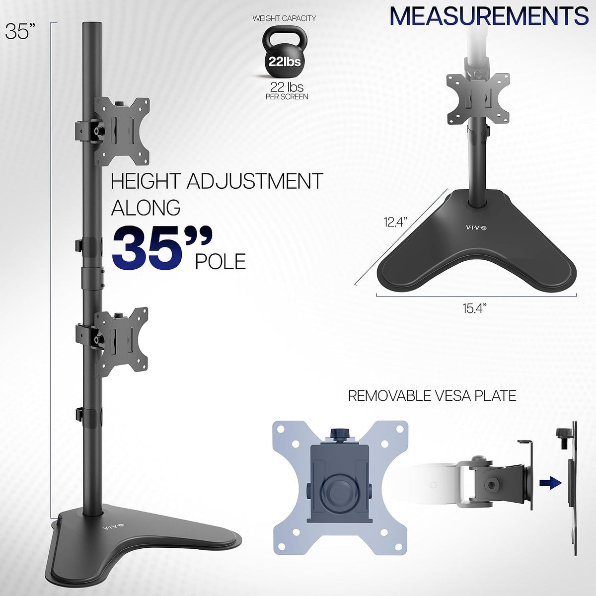 vivo dual monitor desk stand free-standing lcd mount, close-up detail