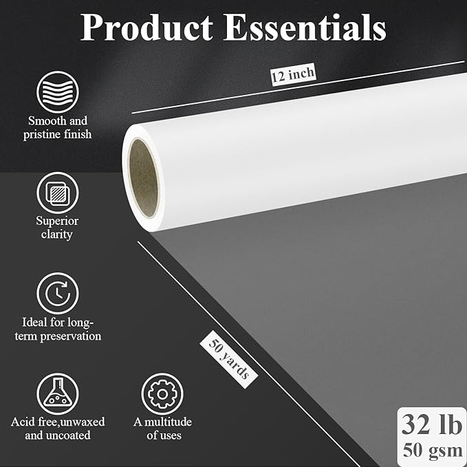 SuFly Tracing Paper Roll, 12 Inch x 50 Yards Trace Paper Roll, 32 lb White Art - Image 2