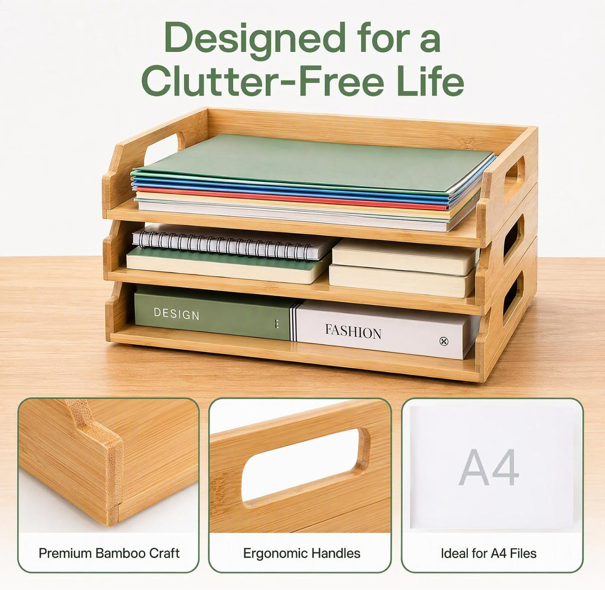 Okllen 3 Pack Stackable Paper Trays, Bamboo Desk Letter Tray Set, 3 Tier File...