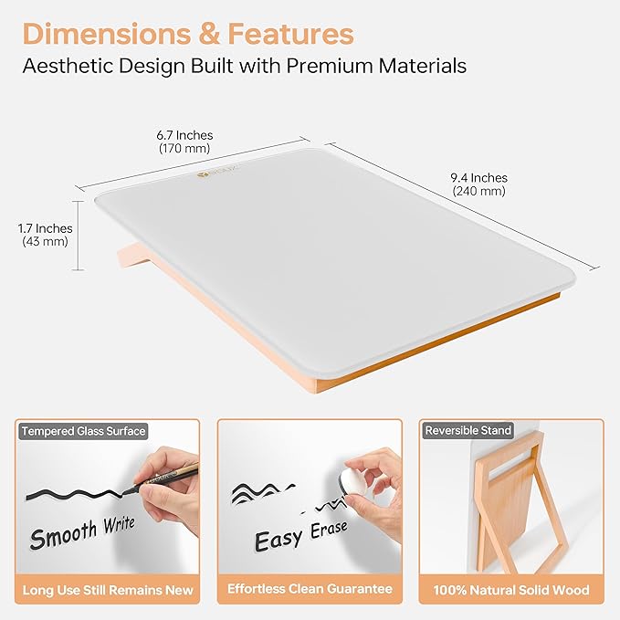 Desktop Glass Whiteboard with Reversible Wood Stand, Small White Board - Image 3
