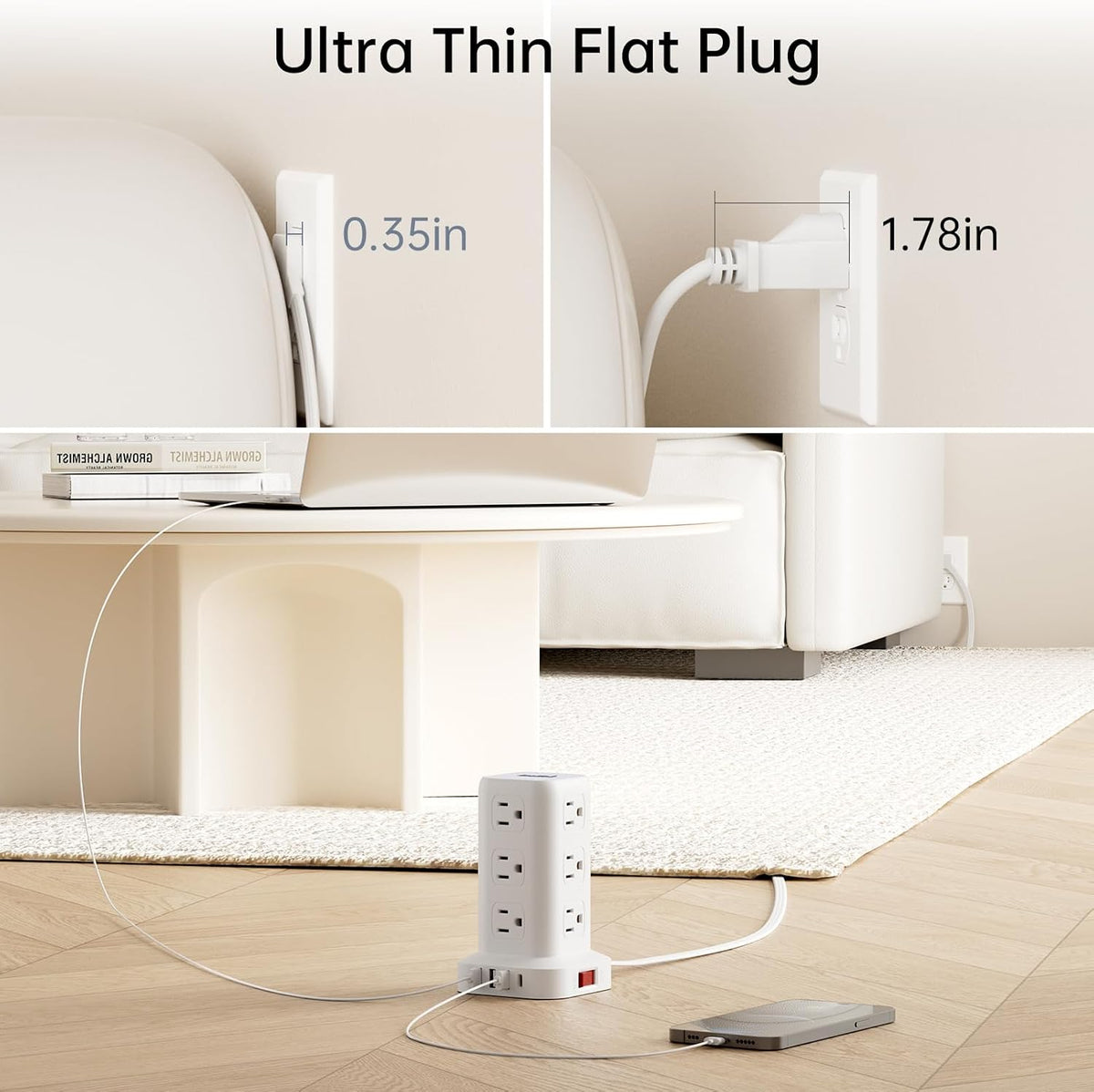 Extension Cord with Multiple Outlets, SMALLRT Flat Plug Power Strip Tower, Ou...