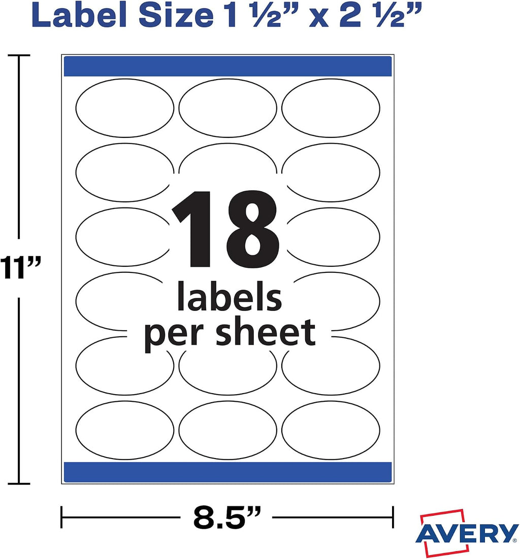 Avery Printable Blank Oval Labels, 1.5" x 2.5", Glossy White, 180 Customizable Labels (22804)