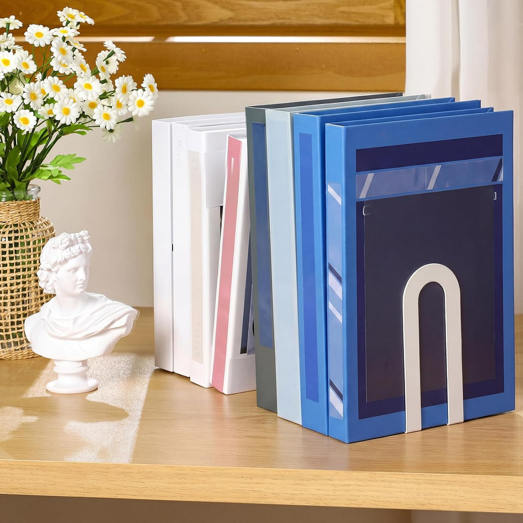 4 Pcs Metal Book Ends, Minimalist White, 5.5 * 3.75 * 2.25inch | Decorative Bookends for Shelves, Stackable Organizer for Home Office, Geometric Design Holds Books Upright, Dorm Decor